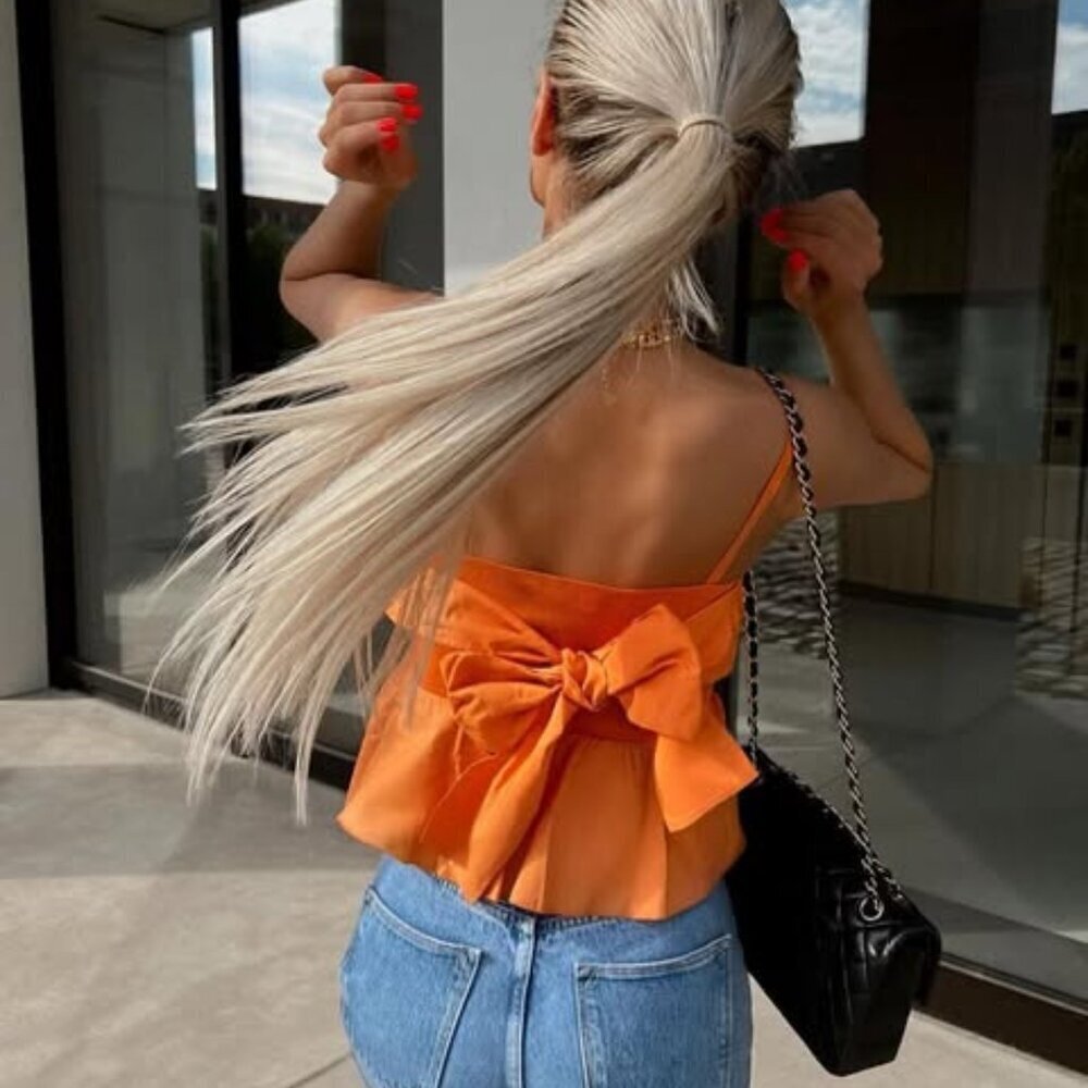Zara Orange Knit Top with Bow. Size S 9598/066/615